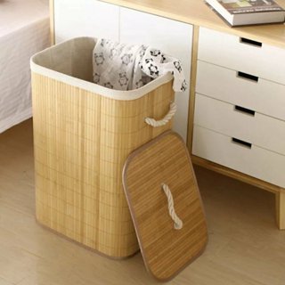 Cesto de Roupa Suja Retangular com Tampa Bambu 70 Litros Organizador Multiuso Para Lavanderia, Quartos e Banheiro em Oferta na Shopee