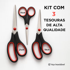 Kit 3 Tesouras para Artesanato Aço Inox Profissional Multiuso Costura Tecido Papel EVA