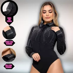 Body Feminino Brilho Country Tecido Não Transparente Pedraria strass com Botão Brilhante Rodeio