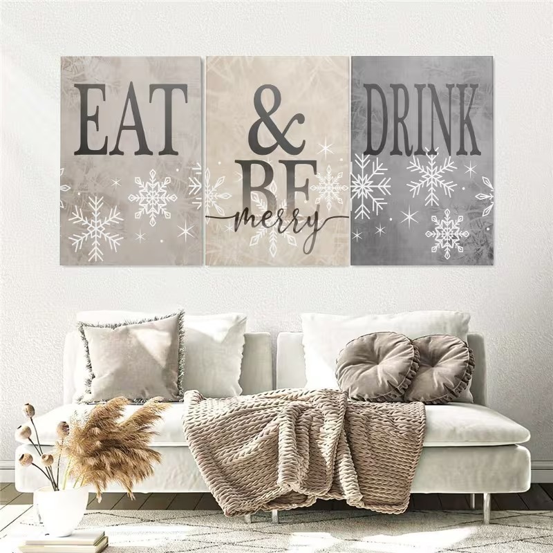 KIT 3 Quadros Frases NATAL Eat Be Merry Drink | Flocos de Neve Inverno Decoração