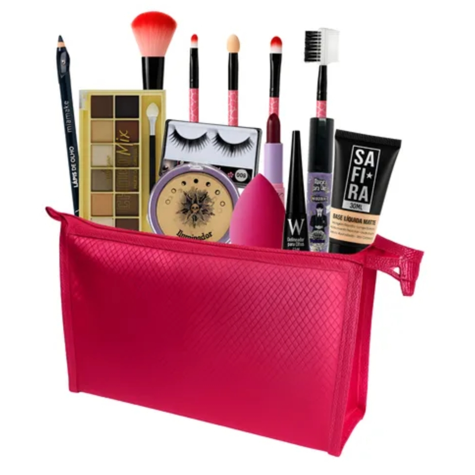 Kit de Maquiagem Pó, Demaquilante, Iluminador, Blush, Rímel, Batom e Necessaire em Oferta na Shopee
