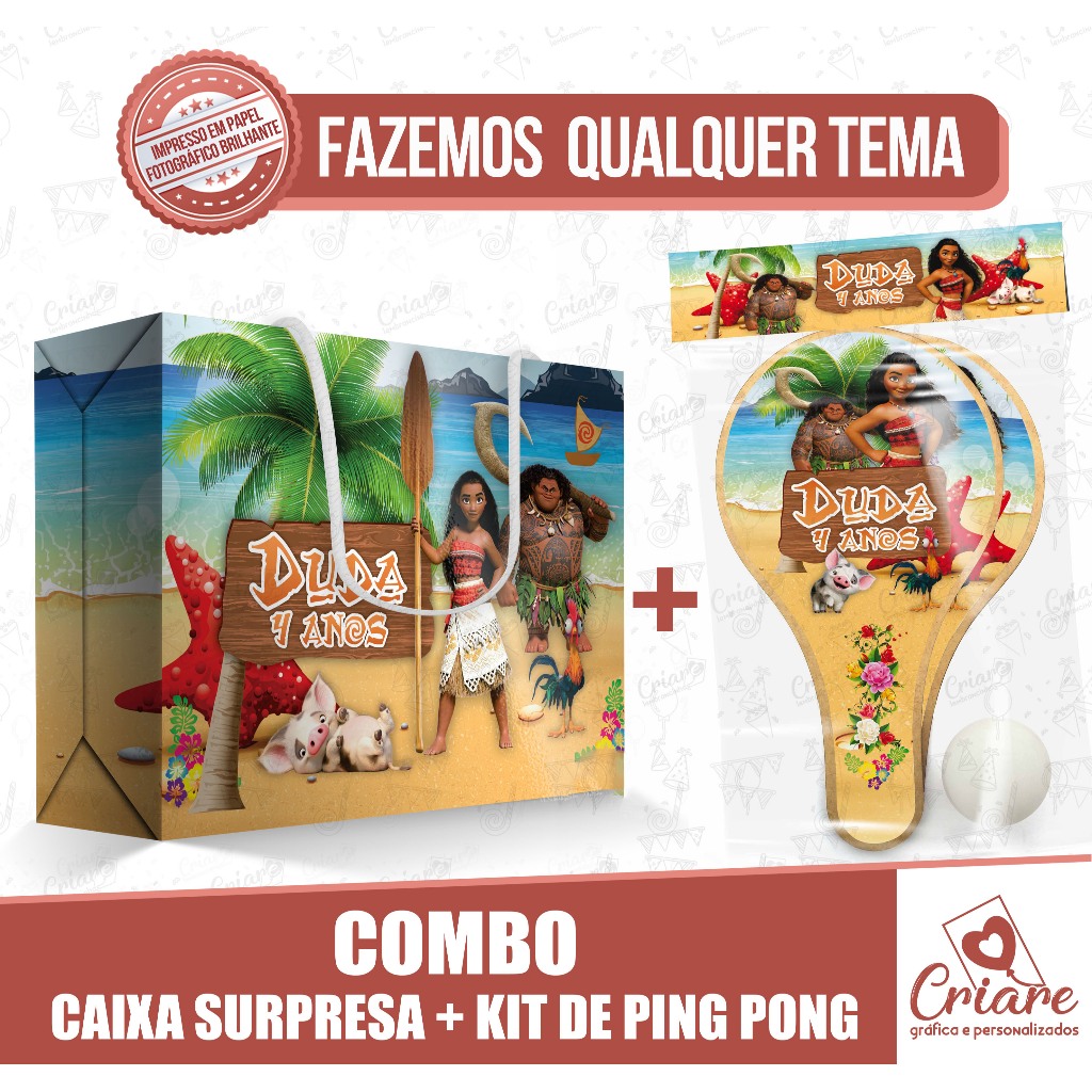 5, 10, 15 ou 20 unid - COMBO | Caixa + Kit Raquete De Ping Pong - QUALQUER TEMA - Lembrancinha Personalizada