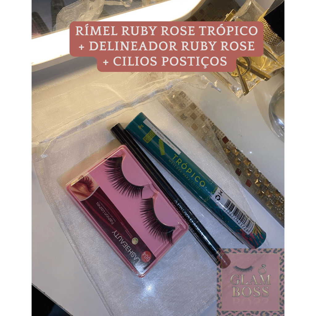 Kit Olhos Glam (Máscara de Cílios Rímel Ruby Rose Trópico + Delineador Ruby Rose  + Cílios postiços) – Coleção Glam Boss