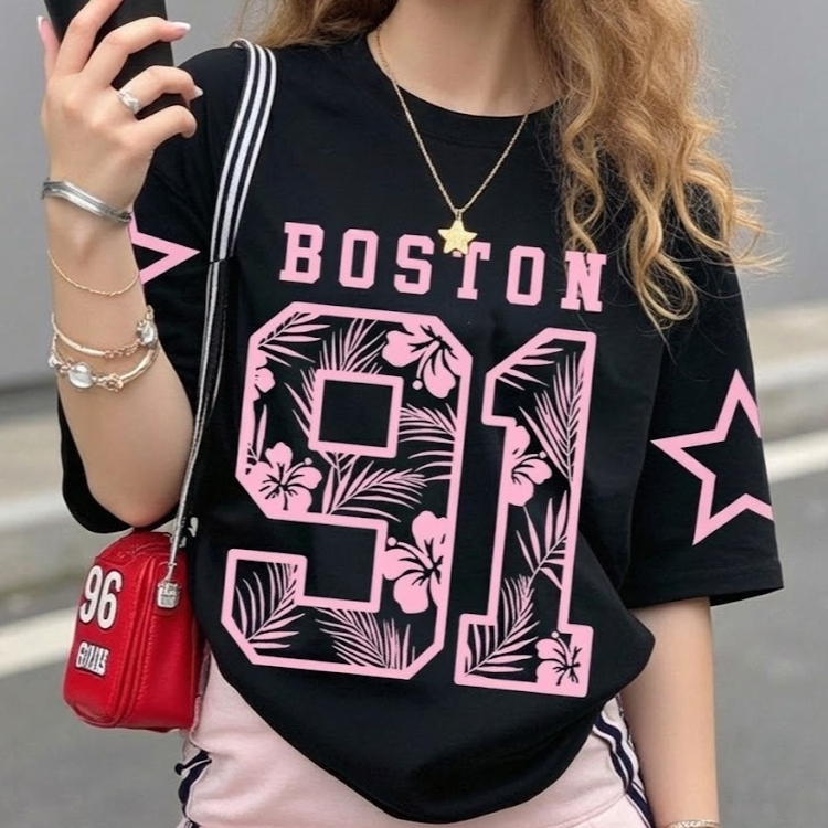 Camiseta Oversized Feminina Boston 91 Estrela Streetwear Tendência Gringa Estilo Blogueira Urban Stile Casual