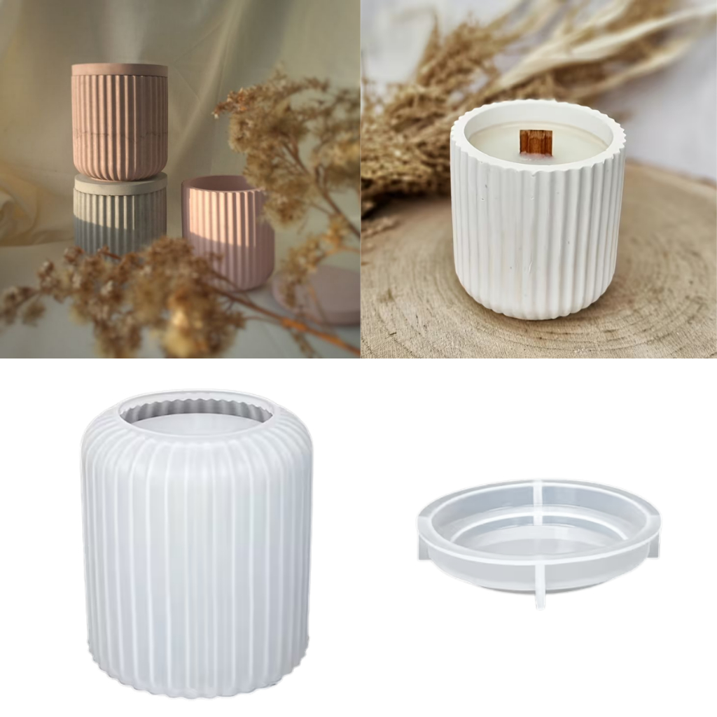 Molde de Silicone Pote com Tampa Listrado para Cimento Resina Gesso Velas Forma Potes com Tampa