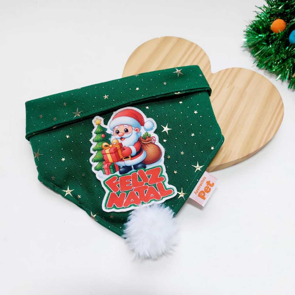 Bandana pet Feliz Natal - Com pompom e Papai Noel