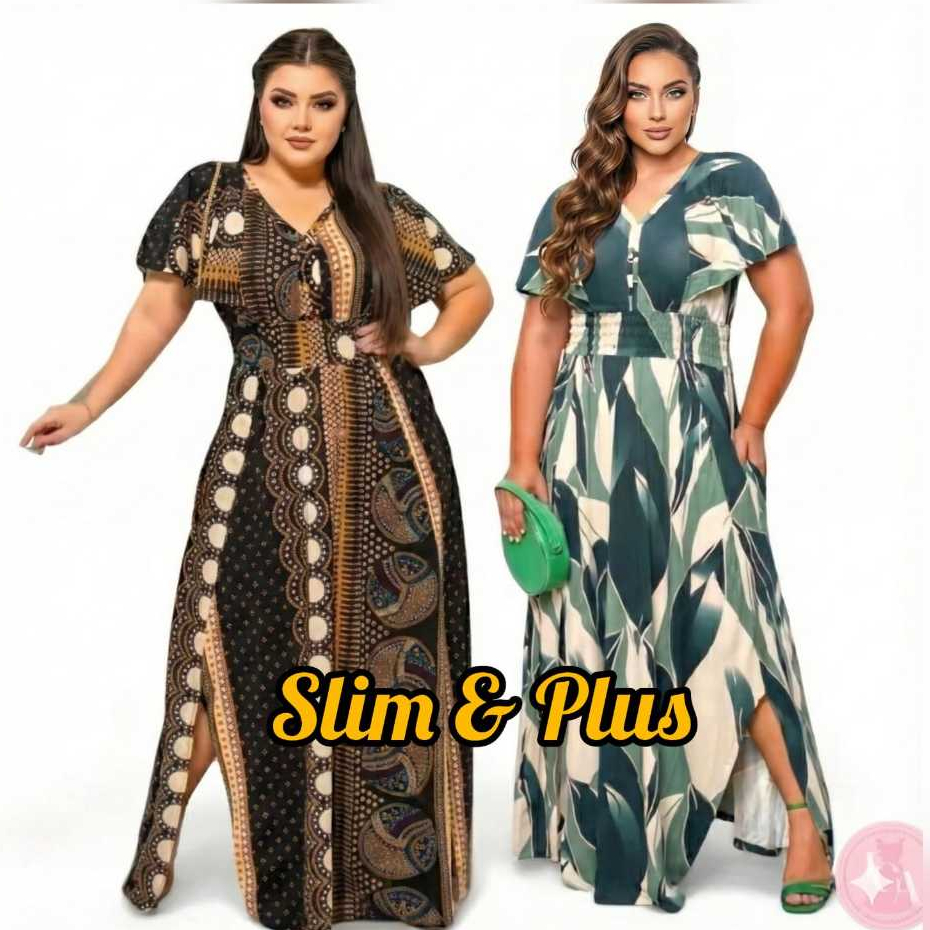 Vestido Longo Slim e Plus Size Elegante com Gola Ciganinha Manga Flare e Fendas Moda Congresso Curvy