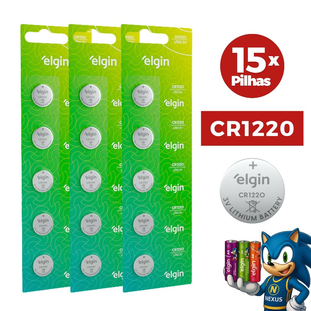 Bateria Pilha Elgin CR1220 Cartela 5,10 ou 15 Unidades - CR 1220 Alcalina