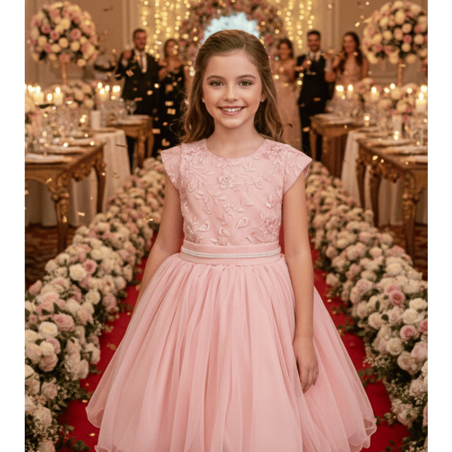 Vestido Infantil de Festa Rosê com Bordado e Saia em Tule – Luxo Tutti Bella 4 ao 16