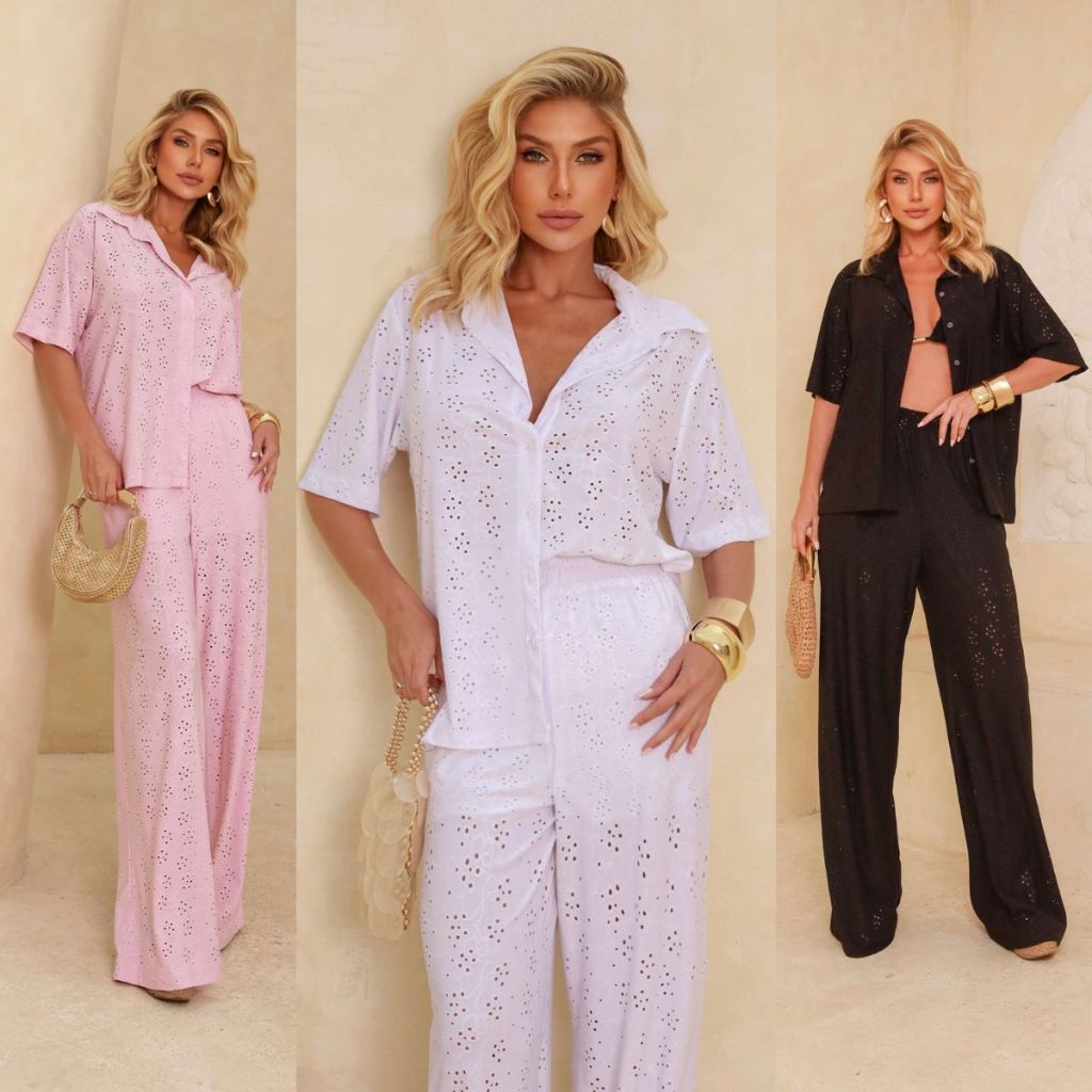 Conjunto Feminino Camisa Oversized Calça Pantalona Malha Laise Casual Saída de Praia Verão Ano Novo