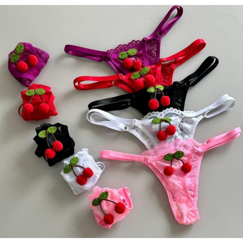 Kit 3 Calcinha Cerejinha Lingerie Renda com Tule  Cereja em Oferta na Shopee
