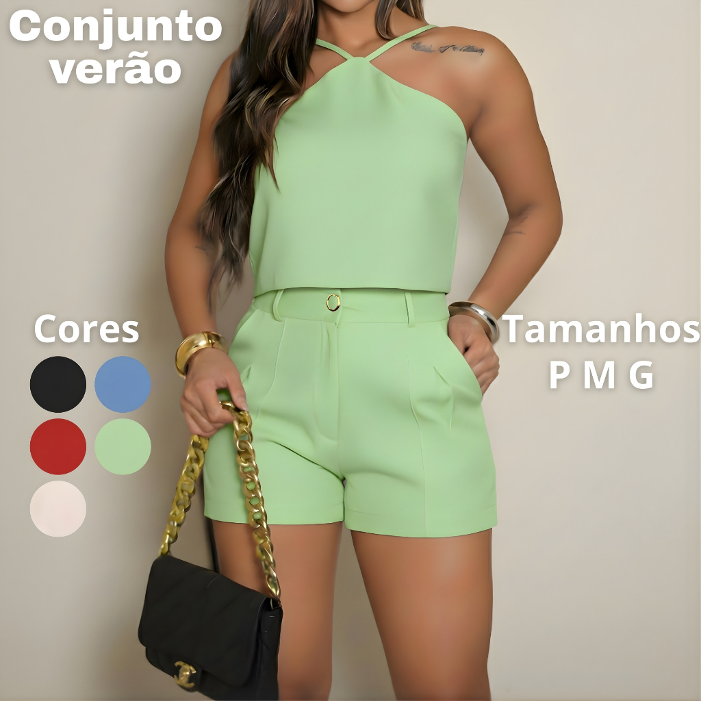 Conjunto Feminino Social Cropped e Short Alfaiataria Elegante Verão em Oferta na Shopee
