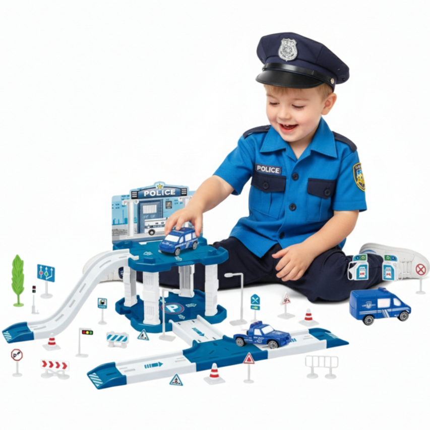 Pista de Carrinhos Monta Monta Policia Construção Bombeiro Peças Brinquedo Infantil com Carrinho