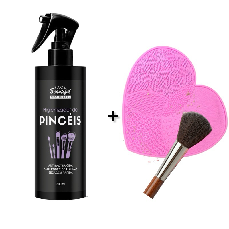 Kit Spray Higienizador de Pincéis 200ml Secagem Rápida + Tapete de Silicone Para Lavar Pincéis e Esponjas