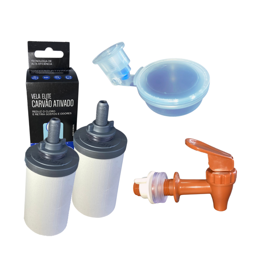 Kit Filtro Barro Reposição: 2 Velas Carvão Ativado Elite + Torneira e Bóia Dosadora em Oferta na Shopee