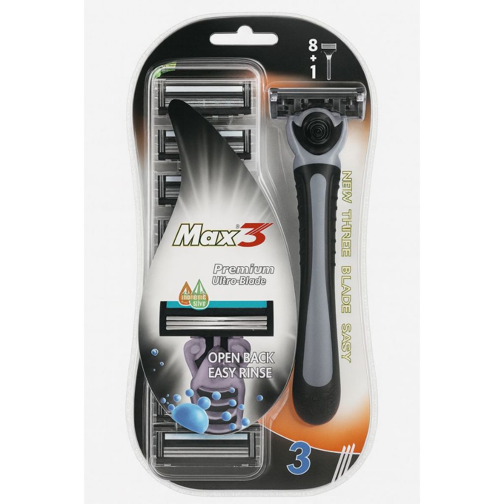 Kit Aparelho de Barbear Max3 Premium Ultra-Blade – 1 Cabo + 8 Refil, 3 Lâminas, Open Back Easy Rinse