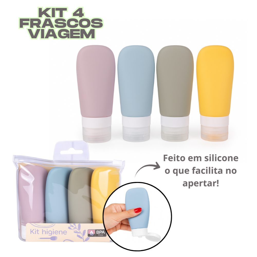Imagem Kit 4 Frascos Cosméticos Higiene Viagem Silicone Shampoo Sabonete Creme Para Necessaire