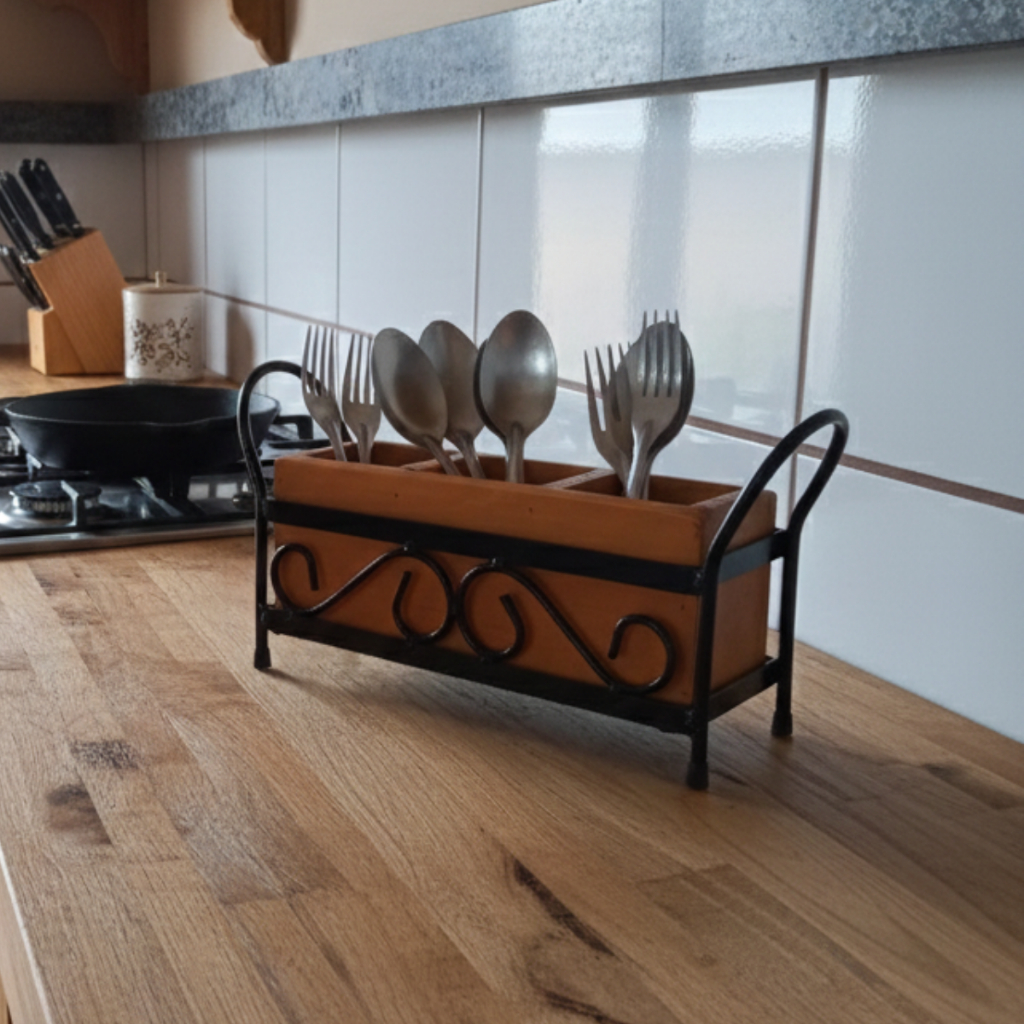 Porta Talheres de Mesa Rústico Ferro e Madeira Utensílios Cozinha Gourmet