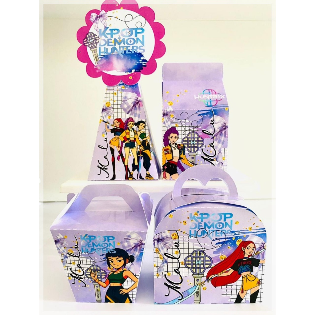 Kit Festa GUERREIRAS DO K-POP / HUNTRIX / Personalizado | Lembrancinhas | Decoração Aniversário | Caixa Milk Pirâmide