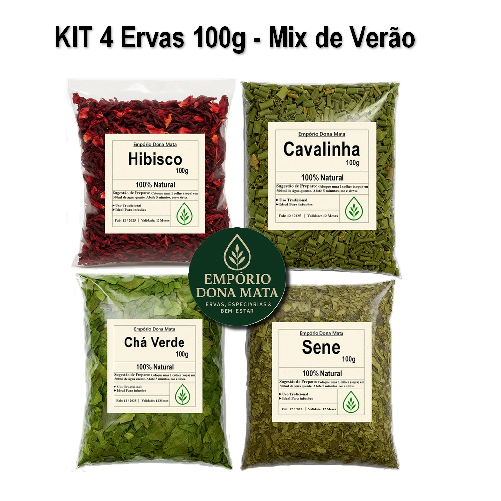 Kit 4 Ervas Naturais 100g – Hibisco, Cavalinha, Chá Verde e Sene | Seleção Premium