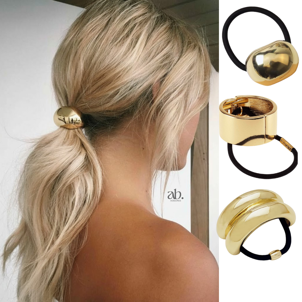 Elástico/Liga de Cabelo Xuxa - Flor Laço Oval Dourado Metálico Unissex Chic Elegante Prend...