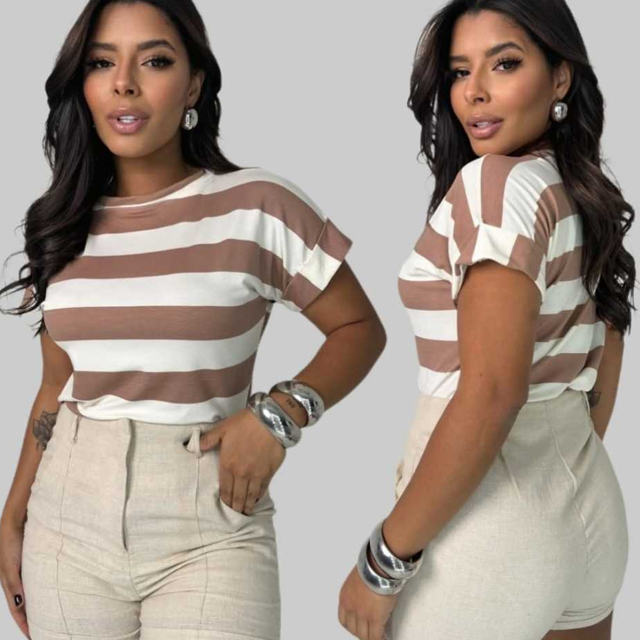Blusa Camiseta T-shirt Básica Feminina Listrada Manga Japonesa Moda Verão Inverno Tendencia Estilo Moderno Blogueira em Oferta na Shopee