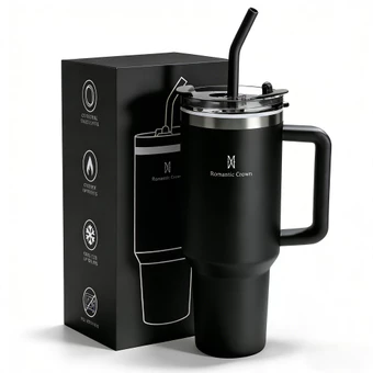 ROMANTIC CROWN Copo Térmico Inox Portátil 1200ml/600ml com Tampa e Canudo Garrafa Térmica Inoxidável