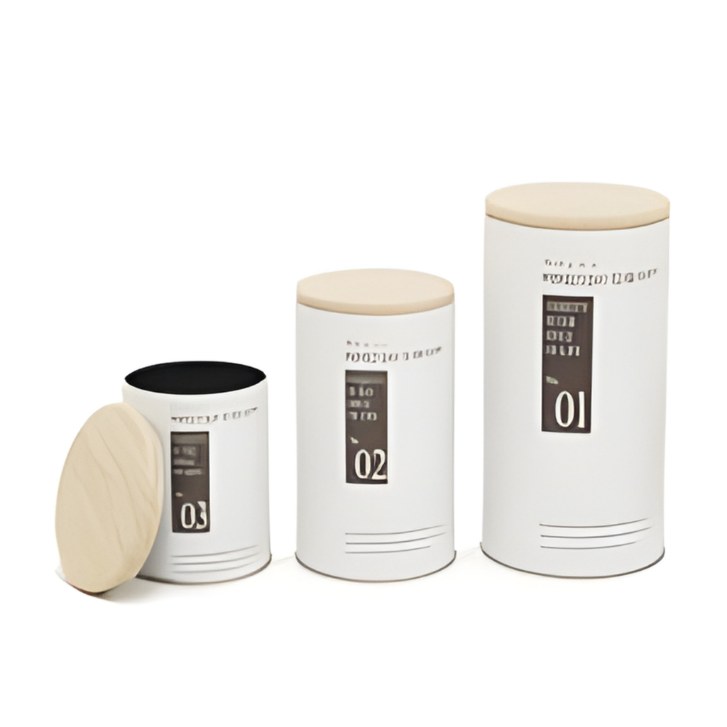 Jogo 3 Latas de Metal com Tampa Bambu Organizadoras Porta Mantimentos Café Açúcar Chá Cozinha Decor Minimalista