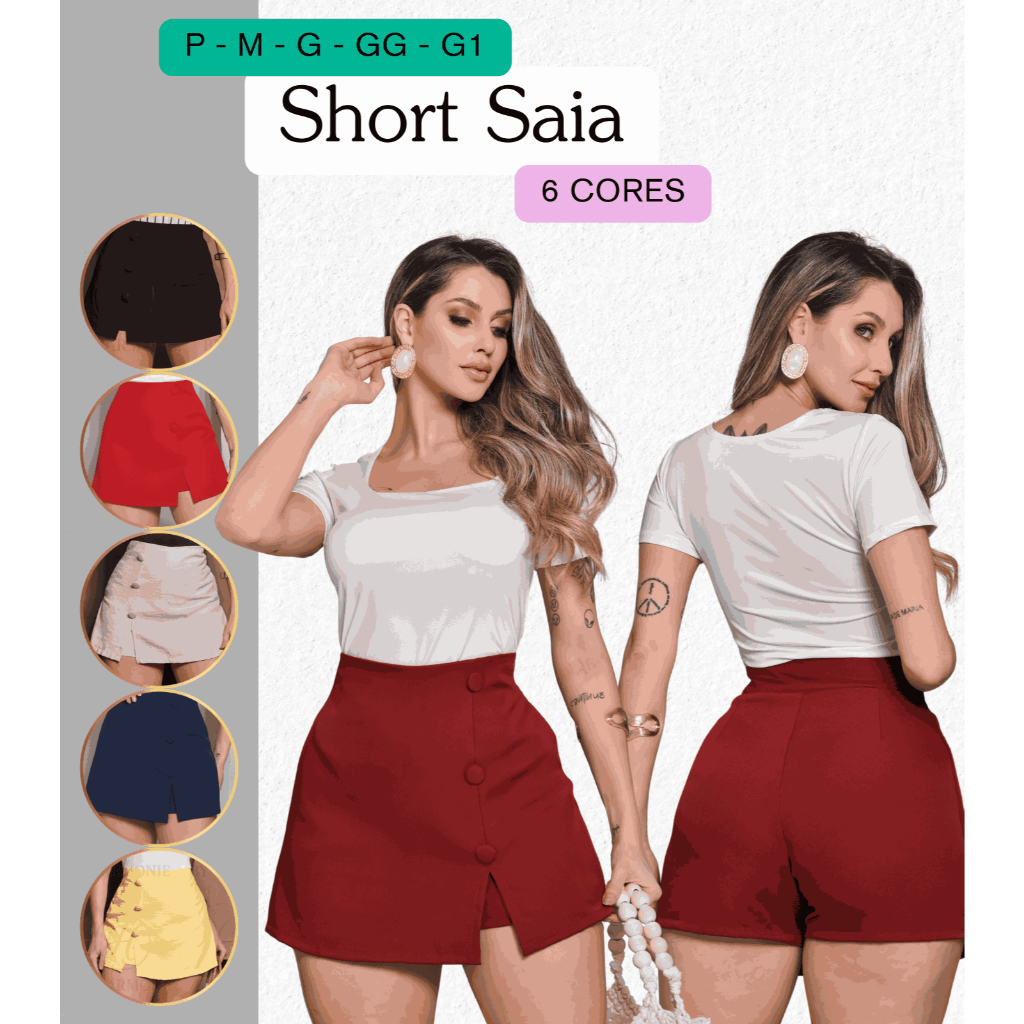 Short Saia Social Alfaiataria Cintura Alta Liso Casual com 3 Botões