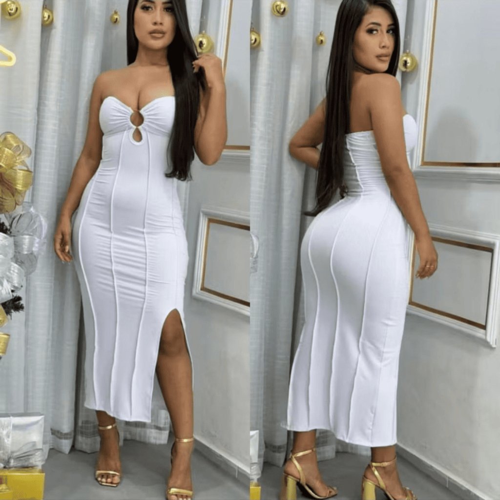 Vestido mídi tomara que caía com argola com bojo com fenda costura para moldar o corpo CRT em Oferta na Shopee