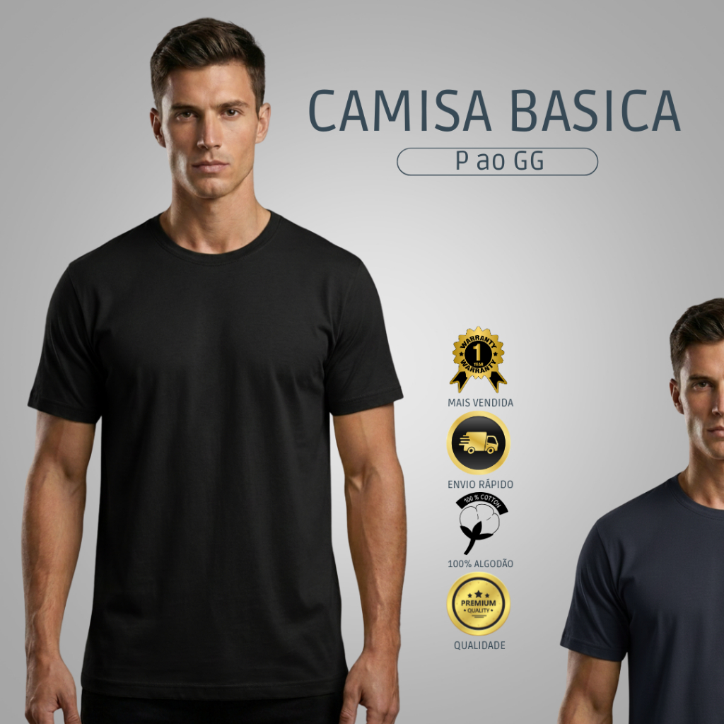 Camiseta Masculina Básica toque macio 100% Algodão  P ao GG – Lisa Confortável Manga Curta em Oferta na Shopee