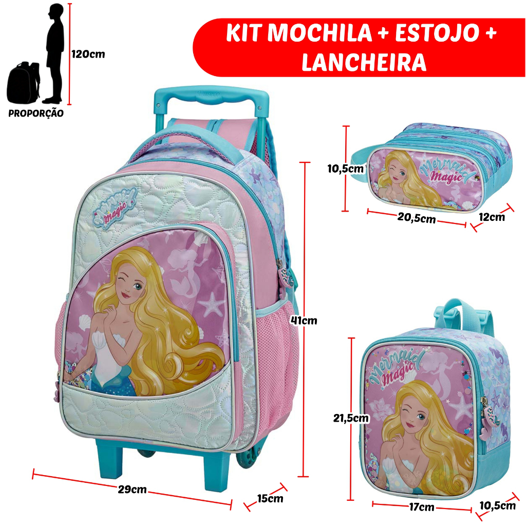 Kit Mochila de Rodinha + Lancheira + Estojo Infantil Menina Escolar Sereia Criança Bolsa Feminino