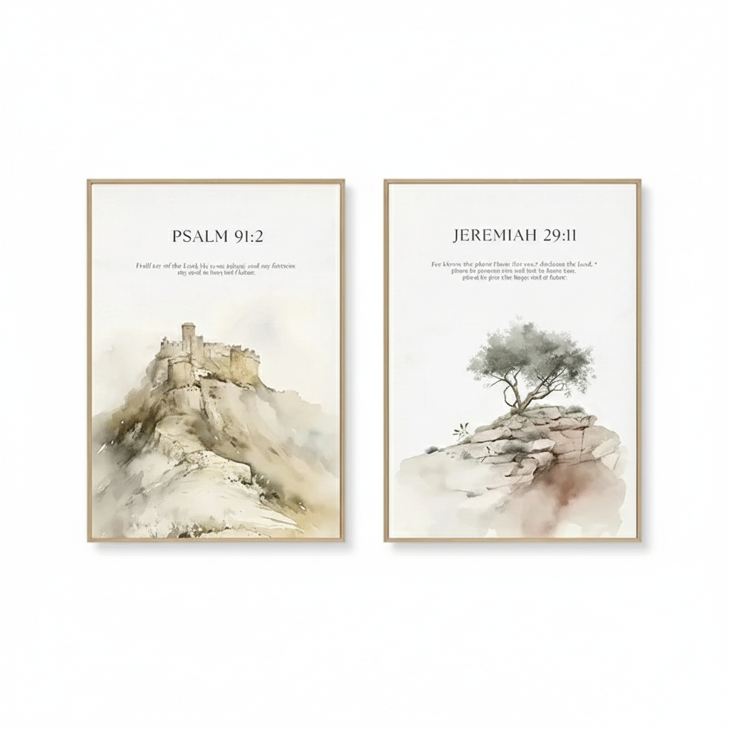Quadro decorativo Jesus Citações Inspiradas Verso Bíblico Cristão, Salmo 19:3, 91:2, 2911 (2 peças)