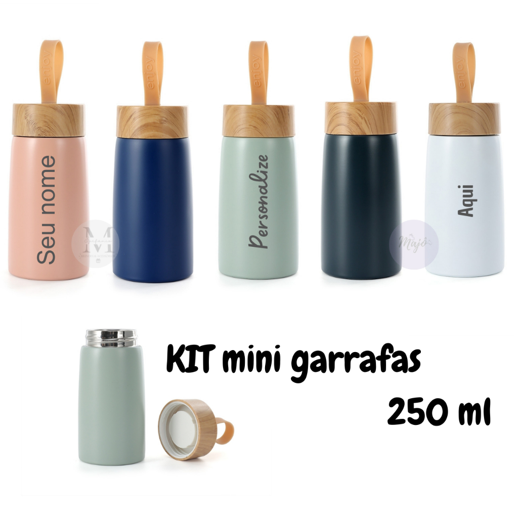 Kit 30 Mini Garrafas Inox 250 ml personalizadas alça design bambu pequena garrafinha em Oferta na Shopee