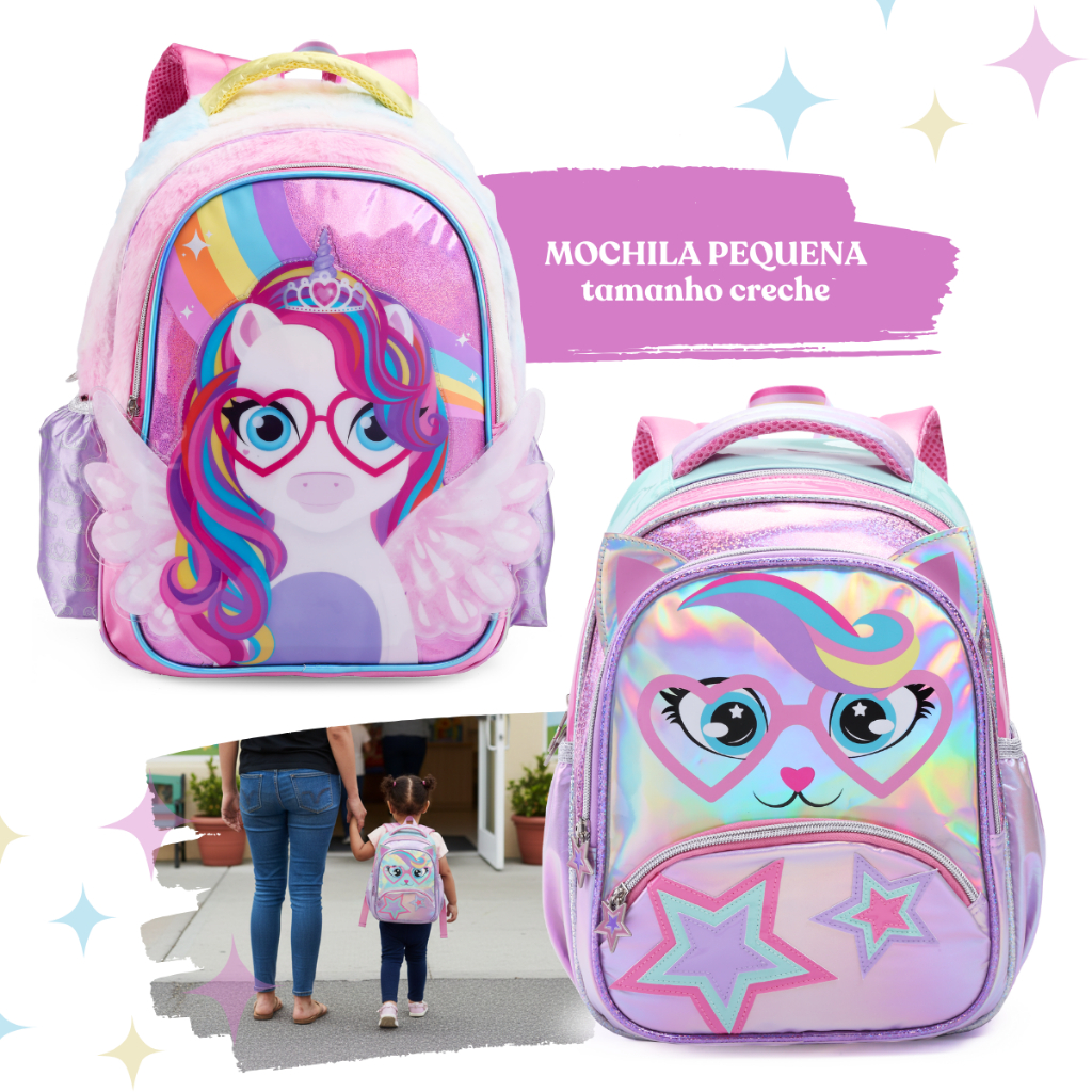 Mochila Mala Bolsa Creche Infantil Menina Feminina Unicórnio Gatinha Rosa Pequena 13 Polegadas