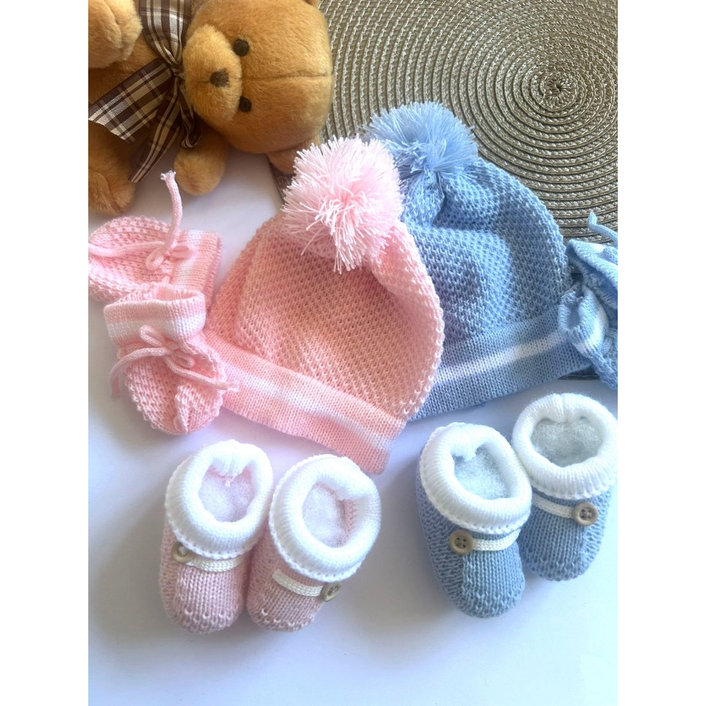 KIT Touca luva e sapatinho para Bebê recém nascido maternidade 0 a 3 meses em tricô de Lin...