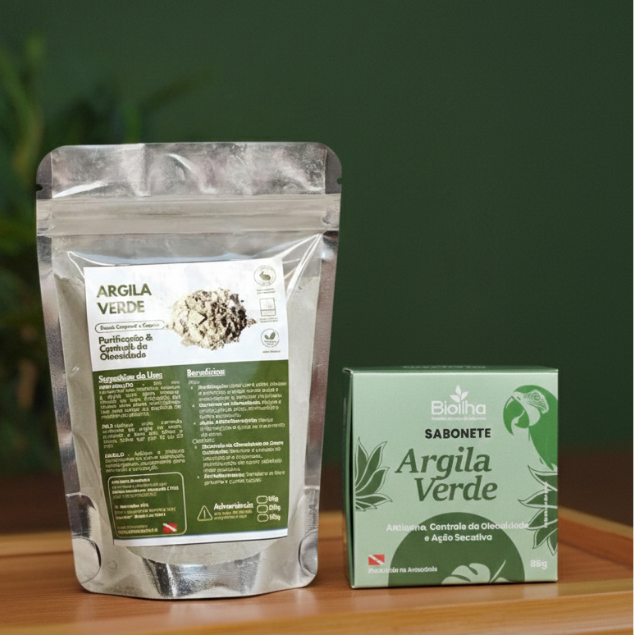 Kit Pele Oleosa | Argila Verde em Pó + Sabonete de Argila Verde com Andiroba | Controle da Acne