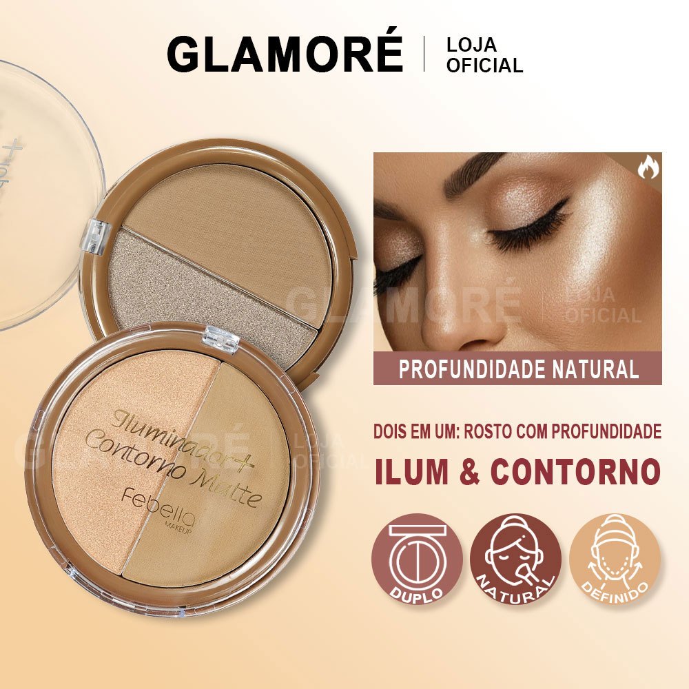 Iluminador + Contorno Matte Febella 💖 2 em 1 – Alta Pigmentação, Acabamento Natural e Longa Duração