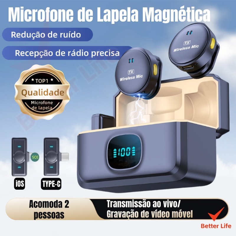 Microfone De Lapela Sem Fio Magnético Com Caixa e 2 Mics-BT