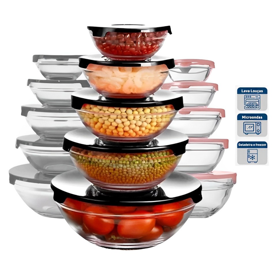 Conjunto 5 Potes de Marmita Vidro Microondas Suporta Calor Fitness Conserva Alimento e Sabor