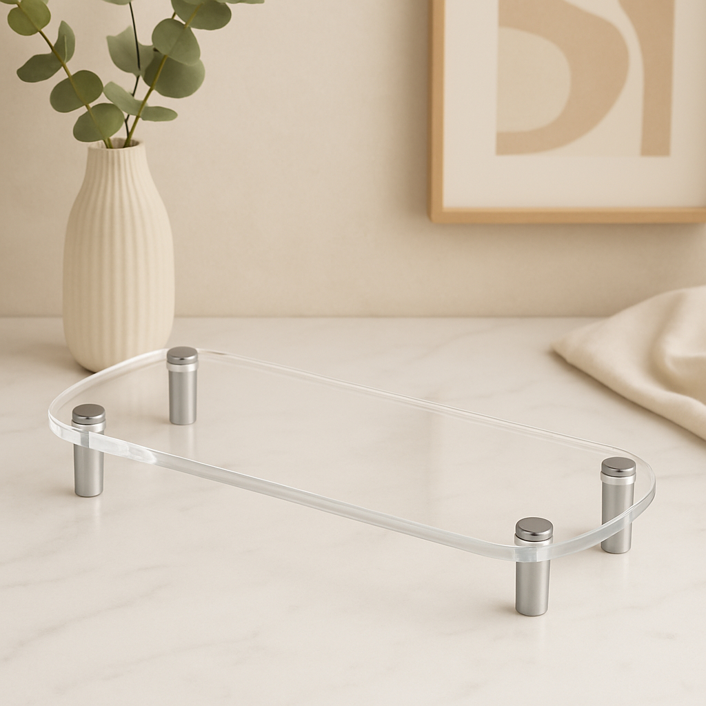 Bandeja Decorativa em Acrílico Cristal com Prolongadores em aço inox, Elegante e moderna