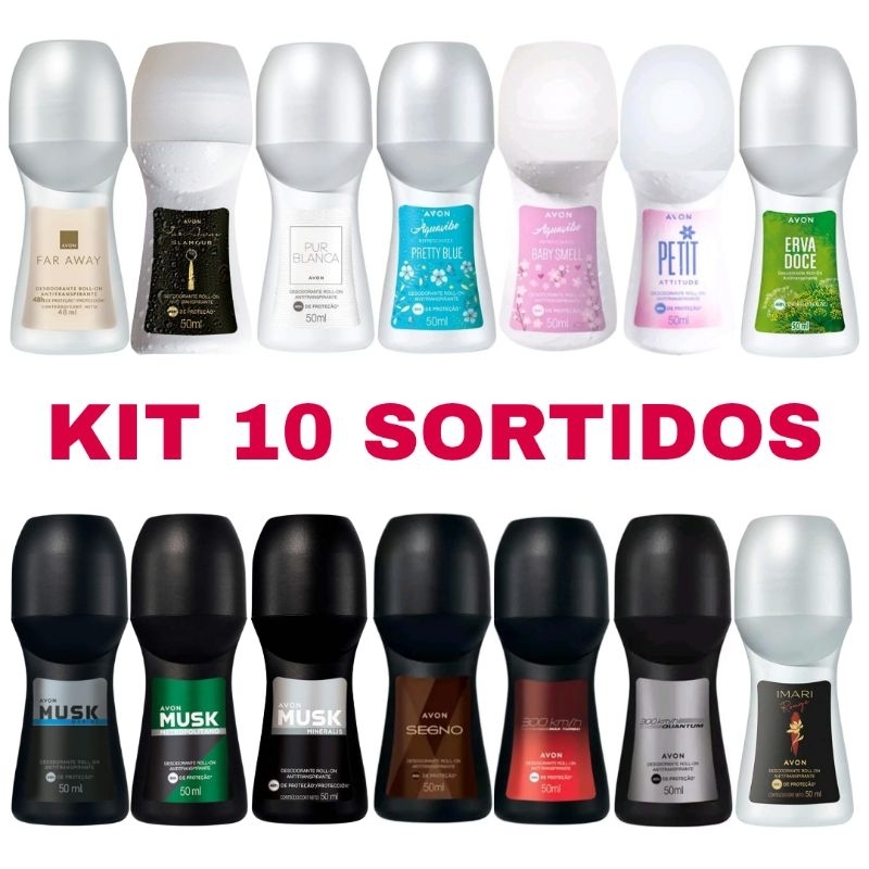 Kit 10 Roll-on Sortido(5 Masculino + 5 Feminino) Musk Segno 300 km Far Away Erva Doce  Pretty Baby - Desodorante Avon