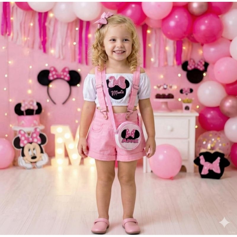 Roupa infantil Jardineira Macaquinho + Blusa Mine + Bolsinha Menina Blogueirinha Luxo Festa