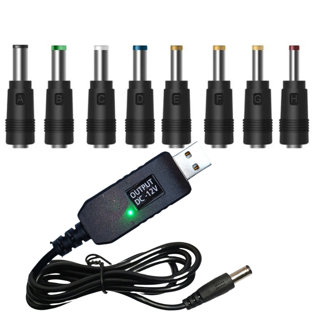 Cabo Conversor USB Step Up para DC 9V ou 12V | Adaptador P4 Universal 8 Pontas