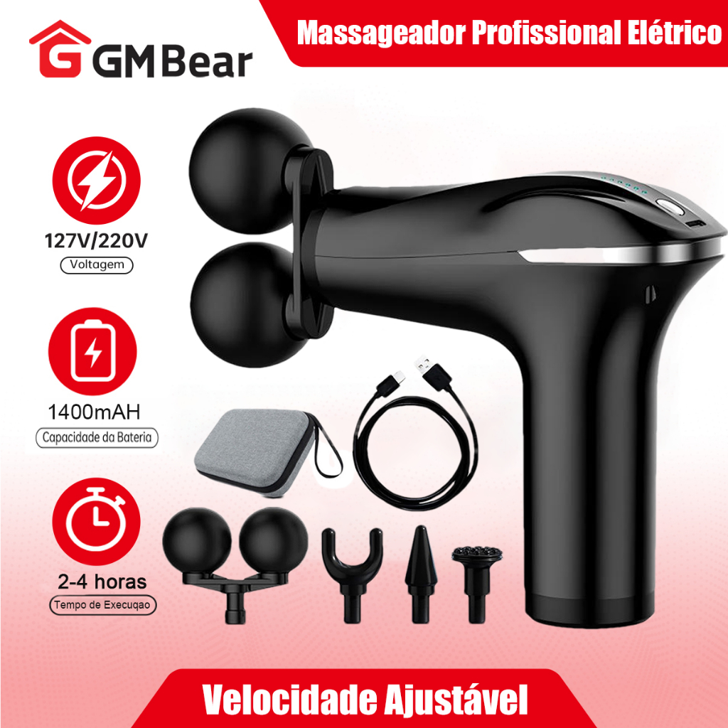 GM Bear Massageador Elétrico Profissional Muscular Pistola 6 Velocidades 4 Cabeças Alta Frequência Original Acessórios