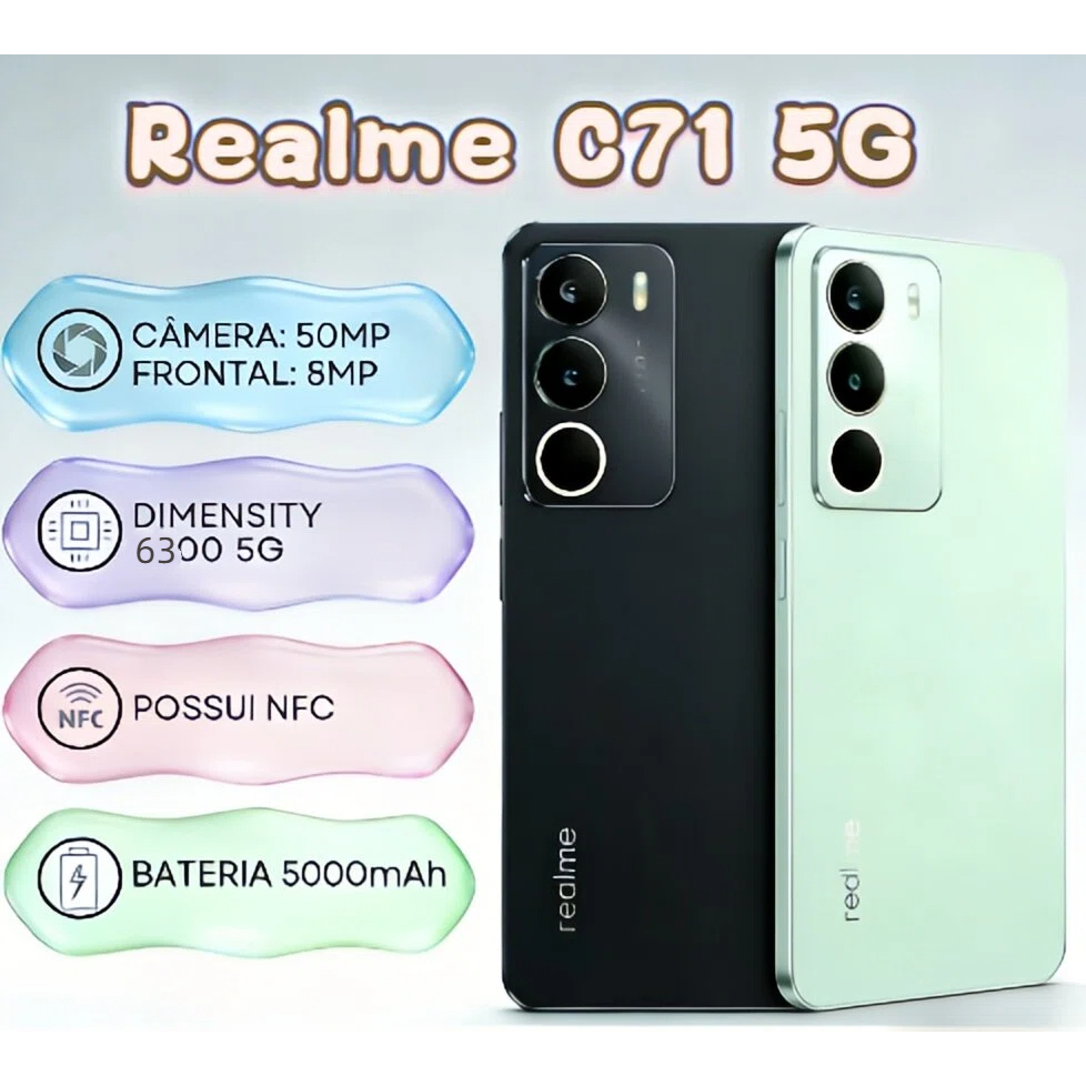 Realme C71 5G, Câmera de 50MP 256GB + 8GB RAM, Processador MediaTek Dimensity 6300, Versão global