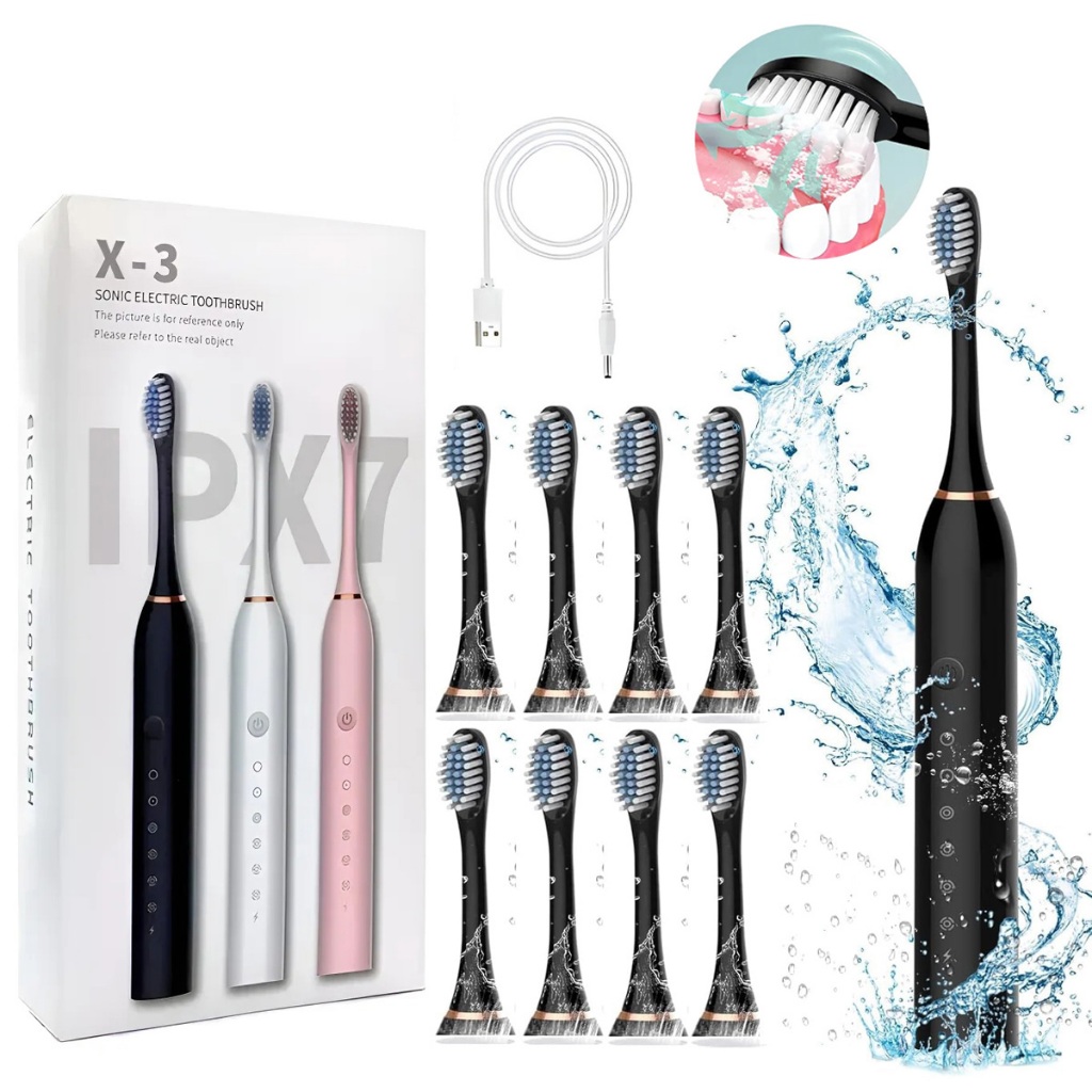 Escova Dental Elétrica Recarregável com 8 Cabeças Substituíveis + Carregador USB | 6 Modos de Vibração Ultrassônica