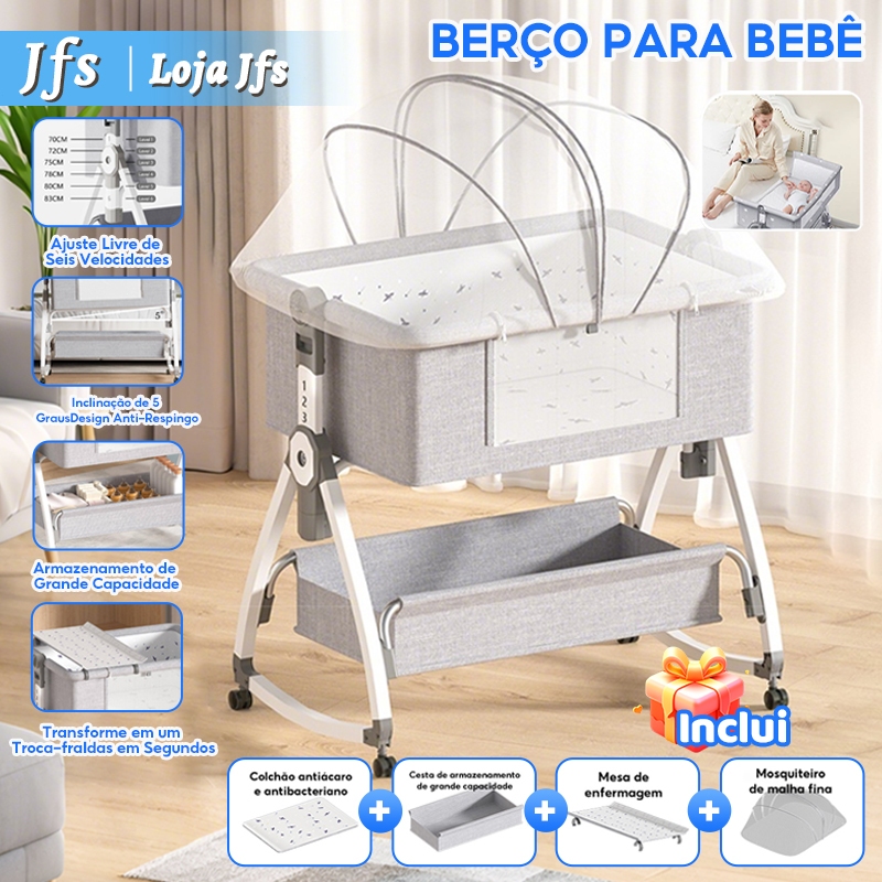 Berço Portátil Balanço Bebê Moises Infantil Mosqueteiro Trava Segurança Regulável Altura Ajustável Até 3 Anos Cama Infan