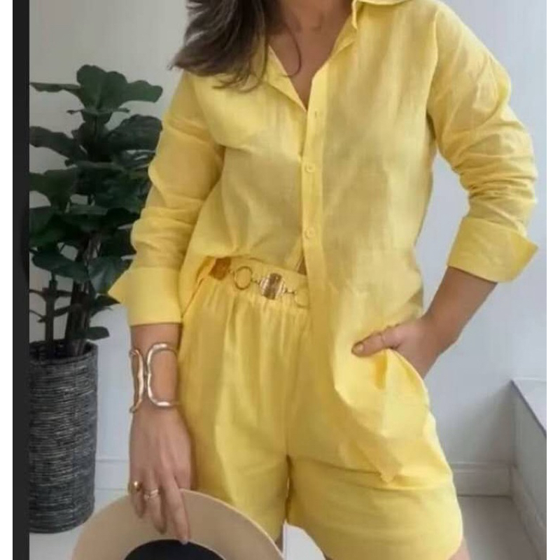 Conjunto  em linho importado camisa e short com forrado casaul elegante para seu looks coreção novo em verão