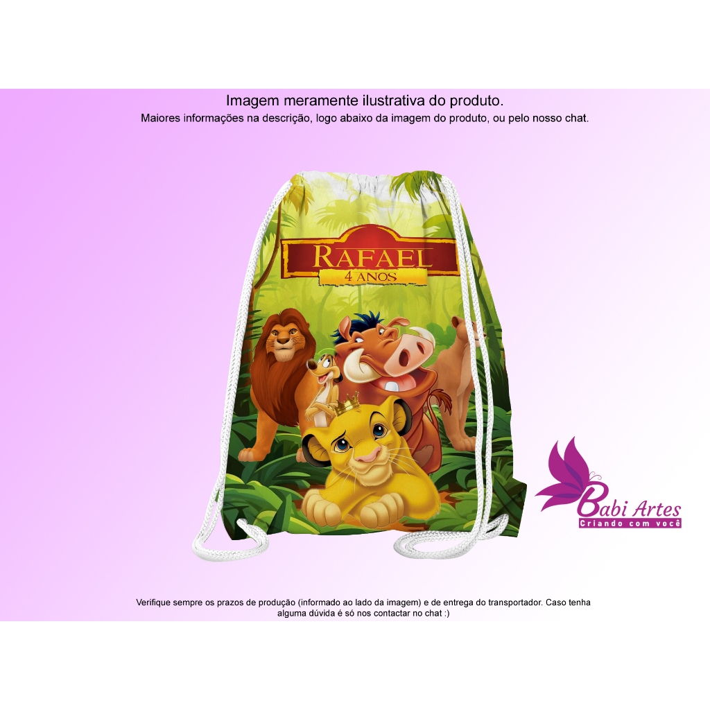 Mochilinha Saco Personalizada O Rei Leão Festa Aniversário Lembrancinha Saquinho Infantil
